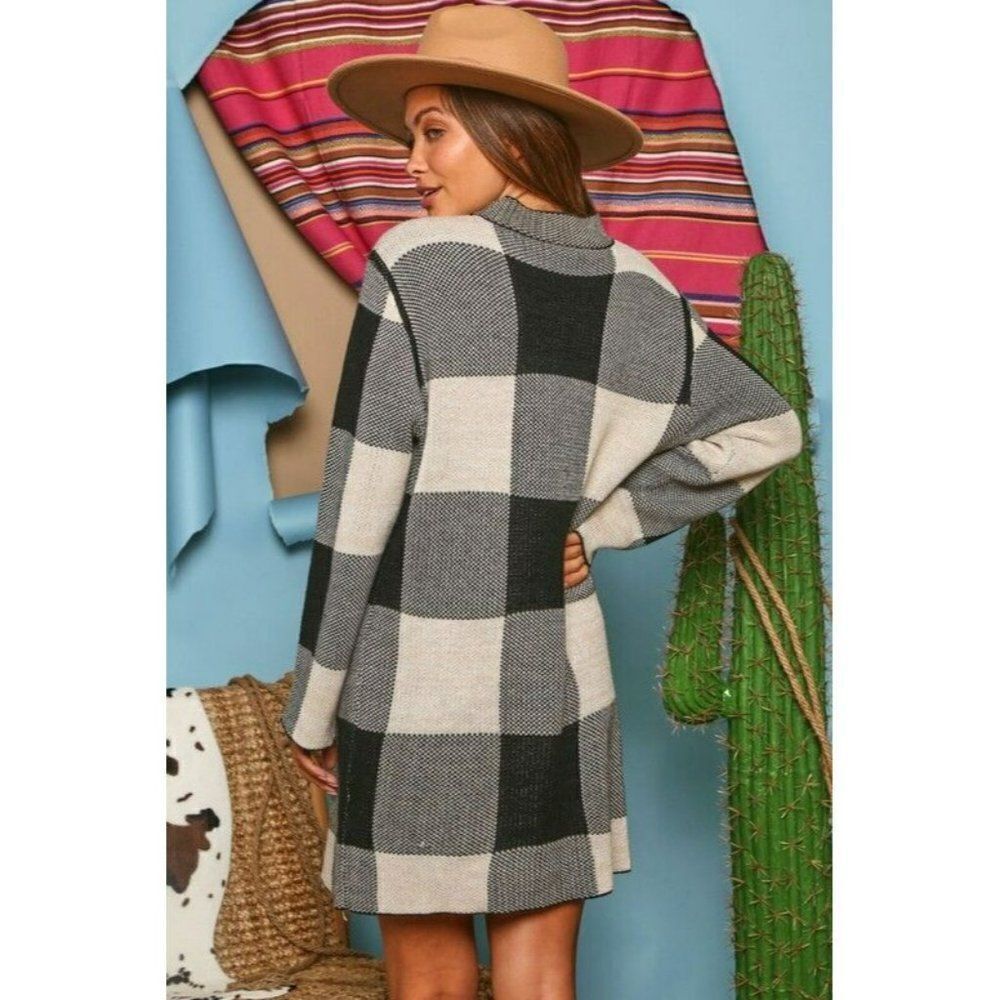 SALE Fantastic Fawn Buffalo Plaid Black Cream Checker Sweater Dress IFKD23564-01 - Picture 6 of 8